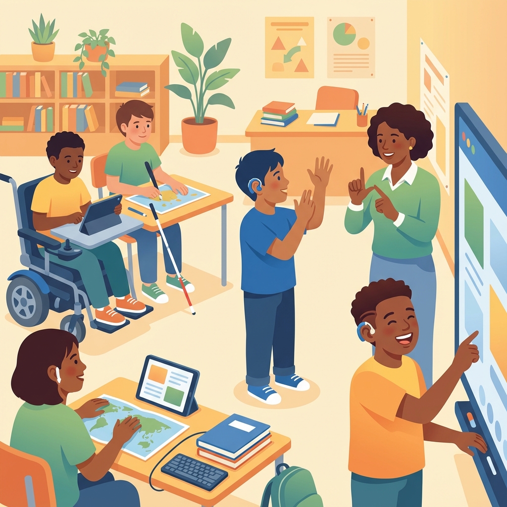 Ilustración de inclusión educativa mostrando estudiantes diversos aprendiendo juntos, incluyendo una persona sorda comunicándose en lengua de señas con un docente